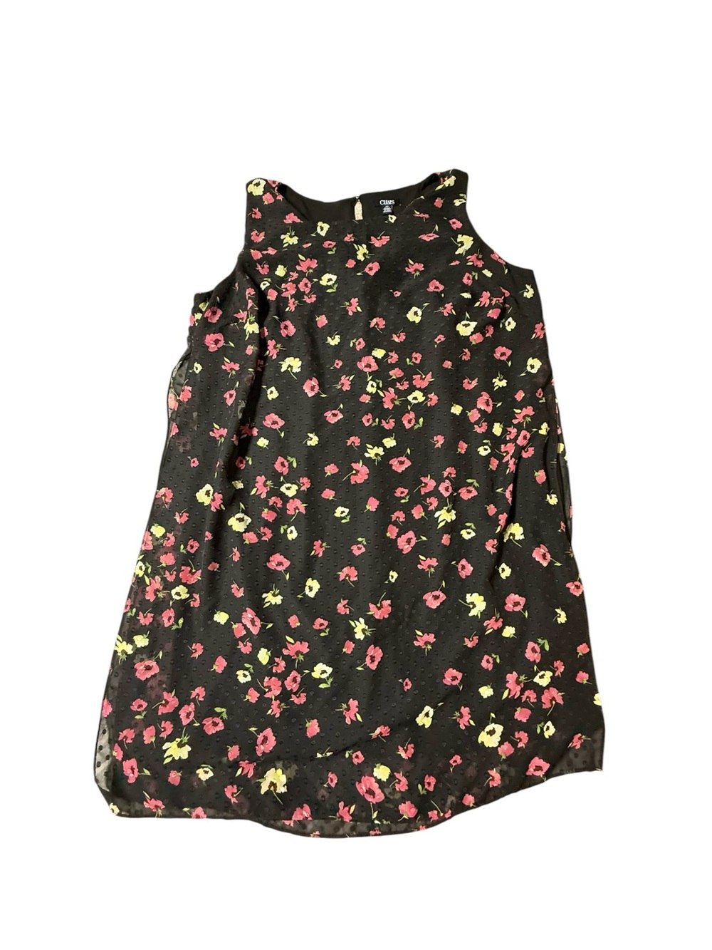 Chaps 18W Black Floral Sleeveless Sheath Dress Plus Size Chiffon Overlay